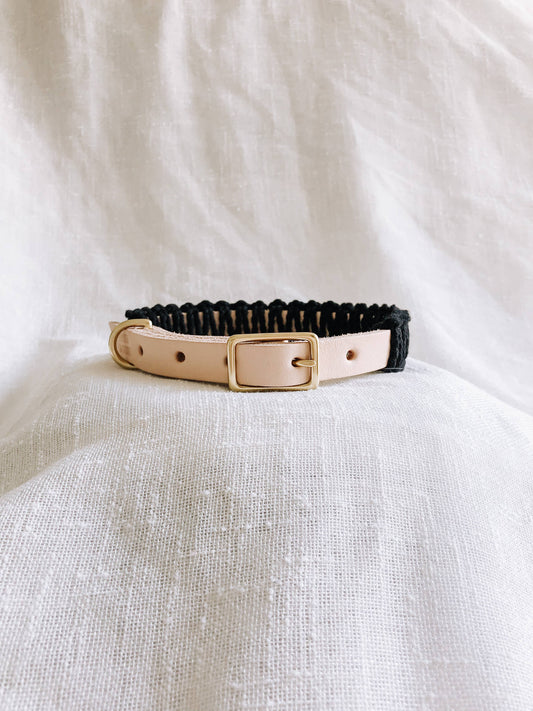 Natural/Black Macrame & Leather Dog Collar - Athena’s Paw