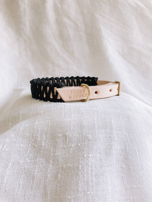 Natural/Black Macrame & Leather Dog Collar - Athena’s Paw