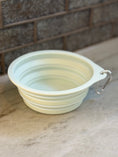 Load image into Gallery viewer, Athena's Paw Odyssey Bowl - a teal collapsible travel pet bowl shown both expanded for use and folded flat, demonstrating its portable design for adventurous pets and their guardians on epic journeys

